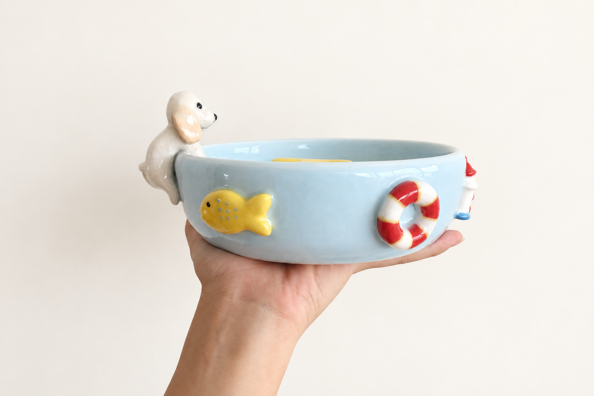 Custom Ceramic Pet Slow Feeder Bowl with Pet Sculpture & 3D Details