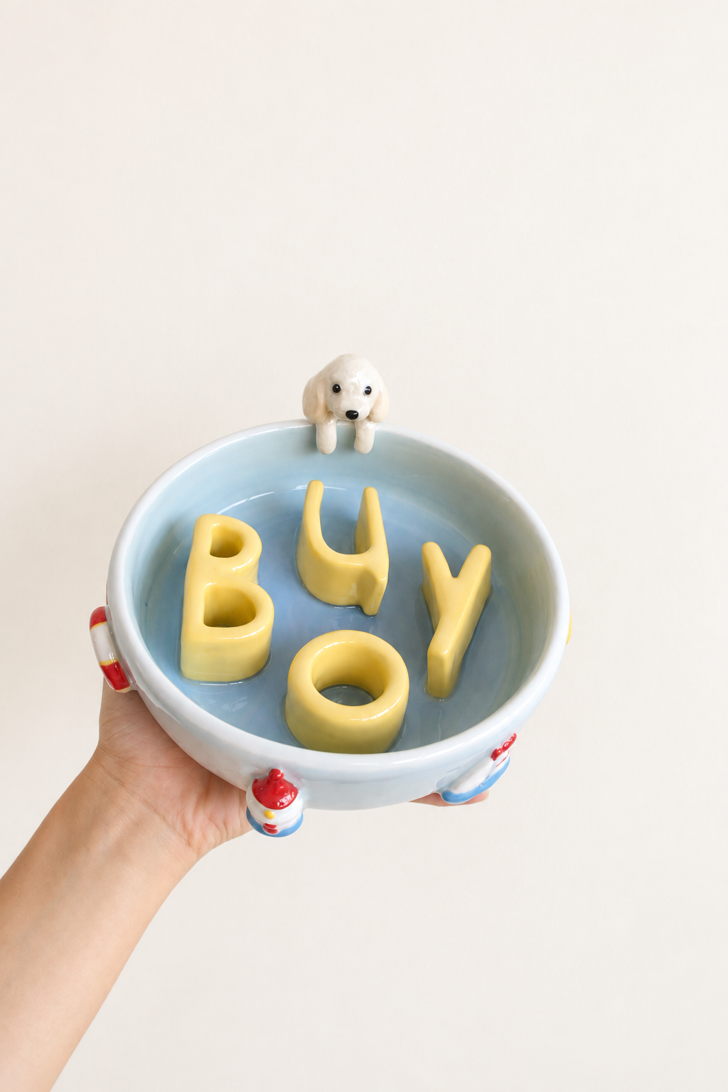 Custom Ceramic Pet Slow Feeder Bowl with Pet Sculpture & 3D Details