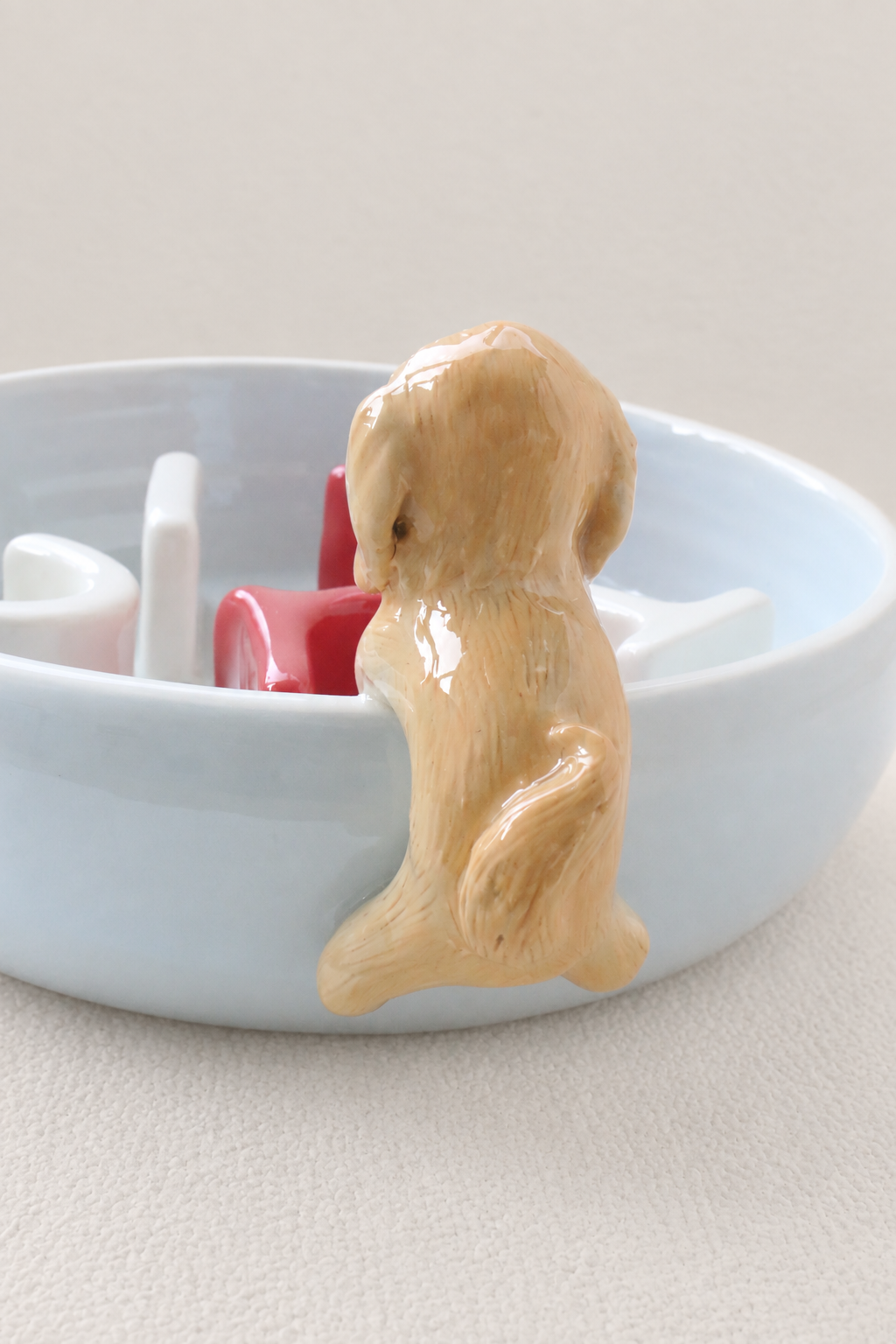 Custom Ceramic Slow Feeder & Water Bowl Set with Pet Sculpture