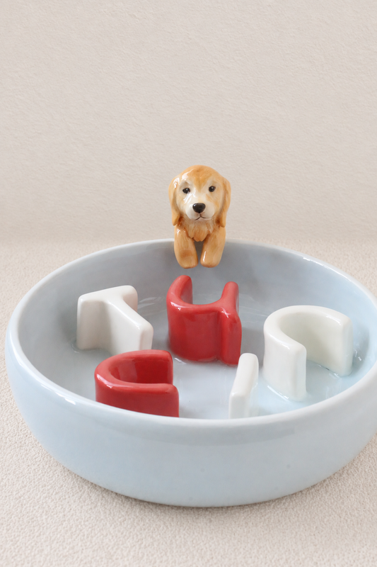 Custom Ceramic Slow Feeder & Water Bowl Set with Pet Sculpture