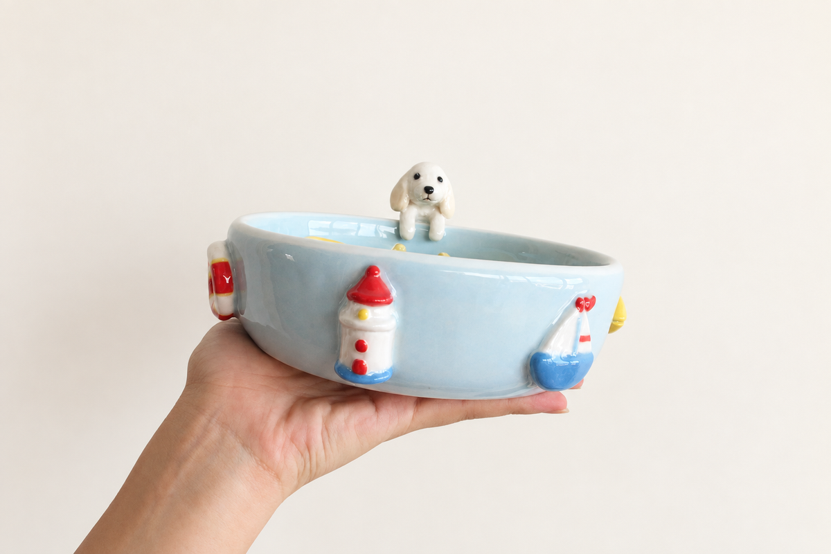 Custom Ceramic Pet Slow Feeder Bowl with Pet Sculpture & 3D Details