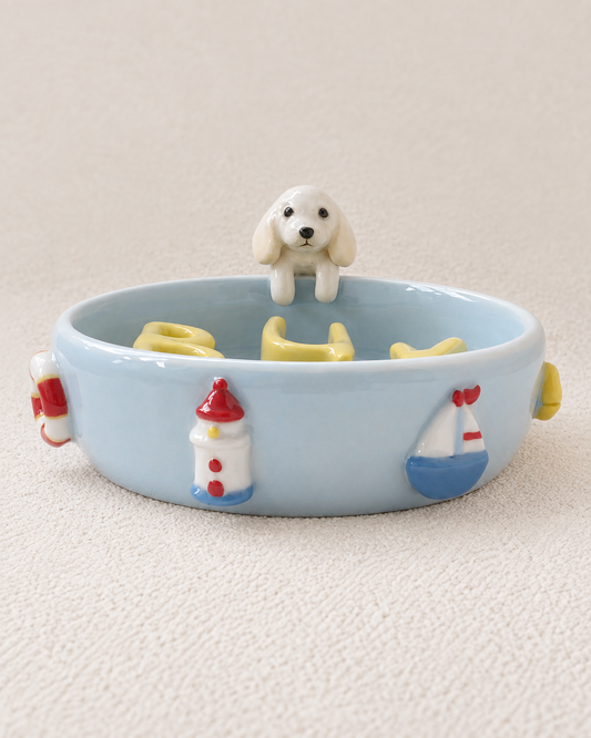 Custom Ceramic Pet Slow Feeder Bowl with Pet Sculpture & 3D Details